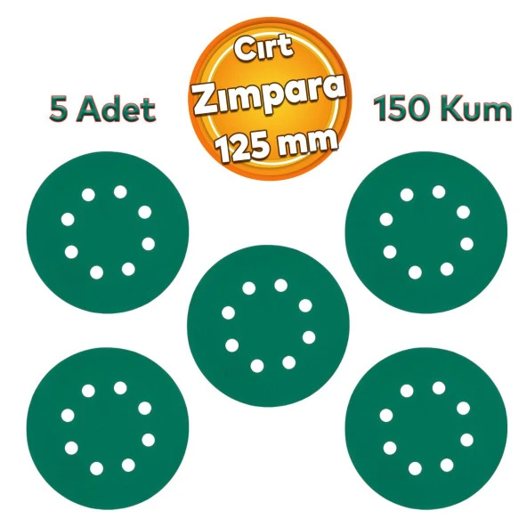 Delikli 125 mm Cırt Zımpara 150 Kum YEŞİL Kaporta Boya Duvar Metal Mobilya Cila Parlatma 5 Adet ürün görseli 1