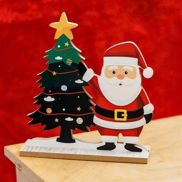 Yılbaşı Yeniyıl Dekorasyonu Ahşap Çam Ağacı ve Ahşap Noel Baba Biblo Yılbaşı Christmas Temalı Biblo ürün görseli 1