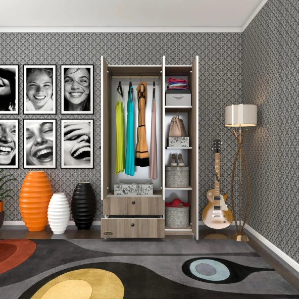 Kenzlife gardırop 3 kapılı kapaklı 2 çekmeceli manolya crd 173*90*42 gardolap dolap ofis ürün görseli 1