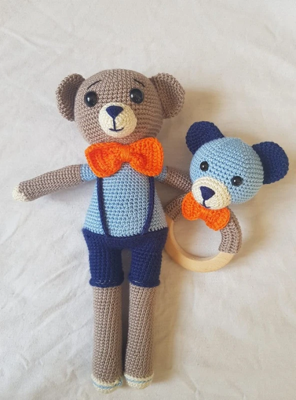 Papyonlu Ayıcık Uyku Arkadaşı Çıngırak Amigurumi Organik Oyuncak ürün görseli 1