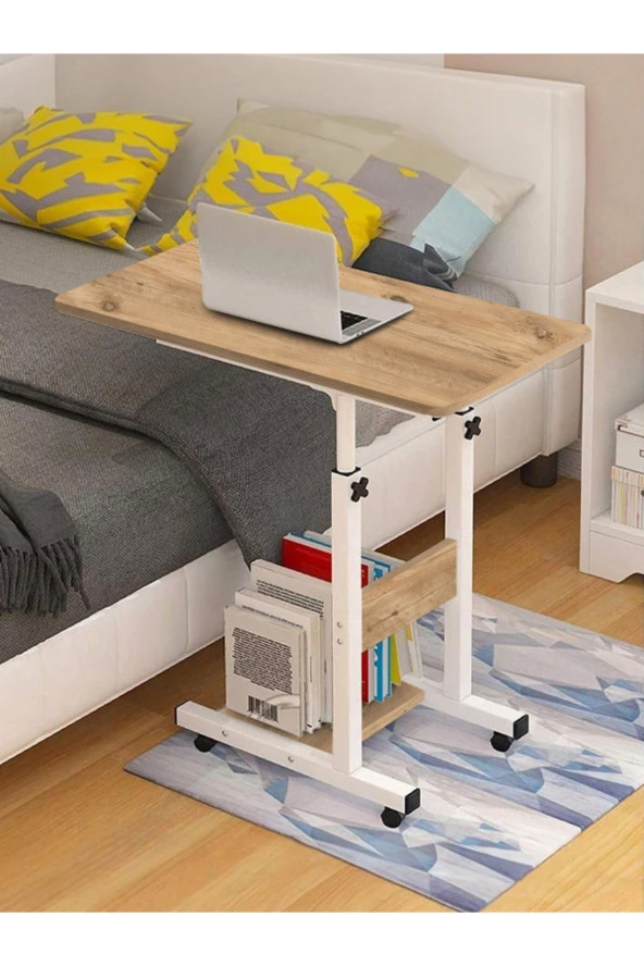 servetavcı Yükseklik Ayarlı Yatak Sehpası - Atlantik Çam Beyaz (TEKERLİ) 70x40 Oval Kenar ürün görseli 1
