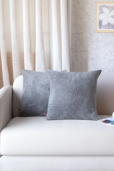 İskandinav Bohem 2'li Kırlent Kılıfı Modern Dekoratif Salon Koltuk Yastık Kılıfı 43x43 cm Teddy Puffy Gri ürün görseli 1