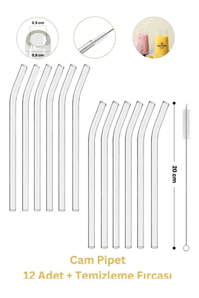 Cam Pipet 12 Adet ve Pipet Temizleme Fırçası, Cam bardak pipeti, Kalın Cam Pipet ürün görseli 1