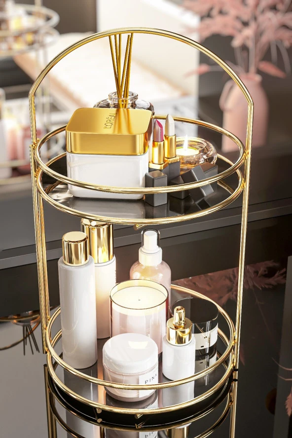 Bino Banyo Düzenleyici 2 Katlı 40 CM Gold Lüks Düzenleyici Organizer Banyo Rafı Şampuanlık Dekoratif ürün görseli 1