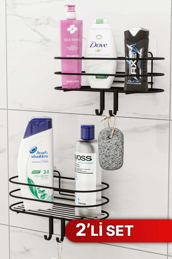 Bino Banyo Düzenleyici Şampuanlık Sabunluk 2li Set Yapışkanlı 4 Askılı Duş Rafı Paslanmaz Organizer ürün görseli 1