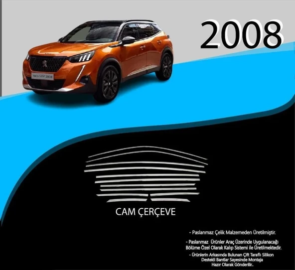 Peugeot 2008 Uyumlu Krom Cam Çerçevesi 12 Parça ürün görseli 1