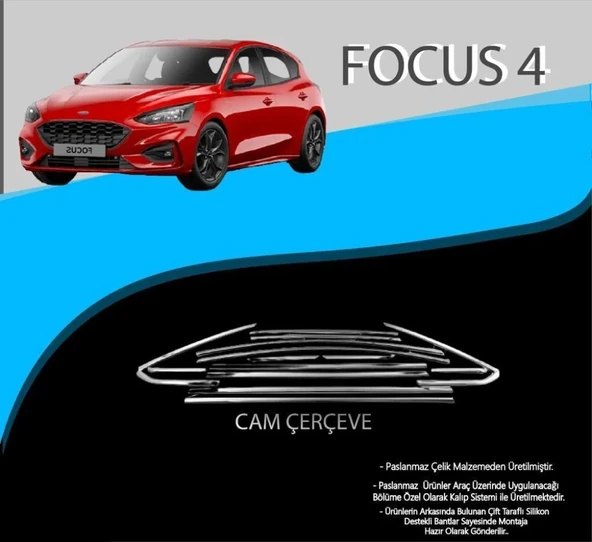 Ford Focus Uyumlu 4 Krom Cam Çerçevesi Paslanmaz Çelik 8 Parça Focus 4 (2018-2020) ürün görseli 1