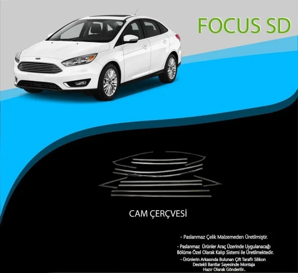 Ford Focus Uyumlu 3 Sedan Krom Cam Çerçevesi Paslanmaz Çelik 12 Parça Focus 3 (2011-2018) ürün görseli 1