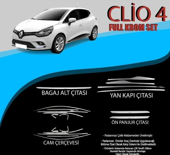 Renault Clio Uyumlu 4 Cam Çerçevesi-Yan Kapı Çıtası-Ön Panjur Çıtası-Bagaj Alt Çıtası Krom Set Parça Clio 4 (2012-2019) ürün görseli 1