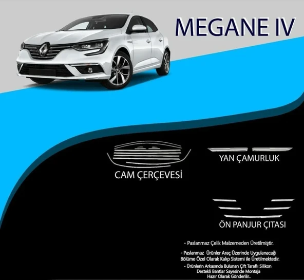 Renault Megane Uyumlu 4 Cam Çerçevesi-Yan Çamurluk-Ön Panjur Çıtası Set Parça Megane 4 (2016+) ürün görseli 1