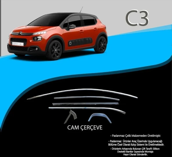 Citroen C3 Uyumlu Krom Cam Çerçevesi 12 Parça  (2017+) ürün görseli 1