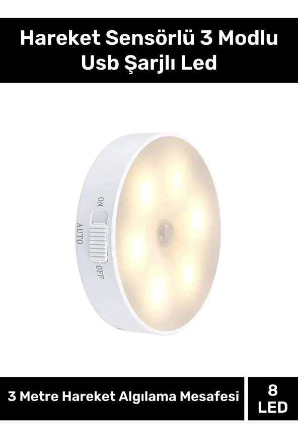 Özel Üretim Mıknatıslı 3 Mod Pratik Hareket Sensörlü 8 Ledli Usb Şarjlı Beyaz Işık Gece Lambası ürün görseli 1