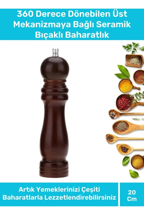 Premium Seri Şık Kullanışlı Mutfak Yemek Kahverengi Ahşap Tuz Karabiber Baharat Değirmen 20 Cm ürün görseli 1