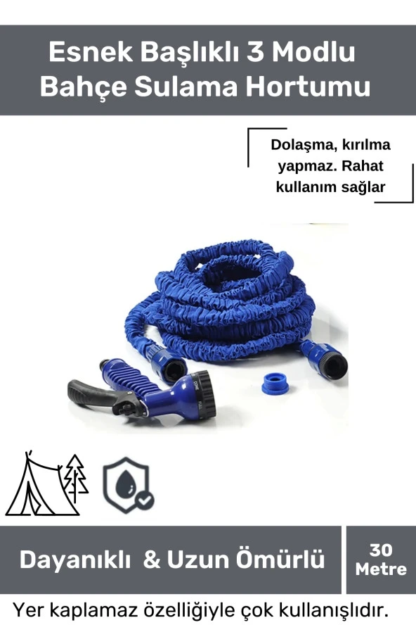 Dayanıklı Kırılmaz 3 Modlu Uzayan Bahçe Sulama Araç Yıkama Hortumu 30 Metre Mavi ürün görseli 1