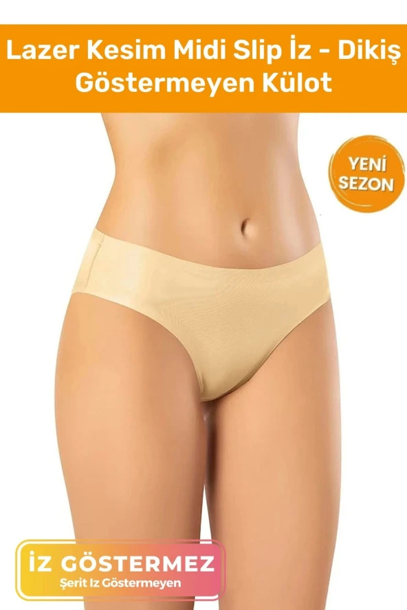 Yüksek Bel Toparlayıcı Lazer Kesim Dikişsiz Şerit Iz Göstermeyen Midi Slip Ten Rengi Silikonlu Külot ürün görseli 1