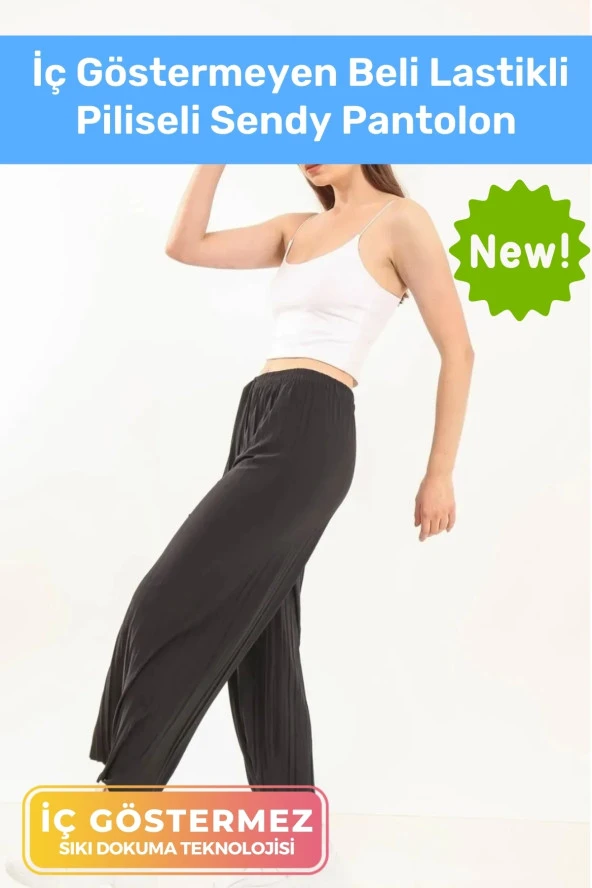 Yeni Trend Bol Paça Anne Kadın Rahat Konforlu Iç Göstermeyen Beli Lastikli Piliseli Sendy Pantolon ürün görseli 1