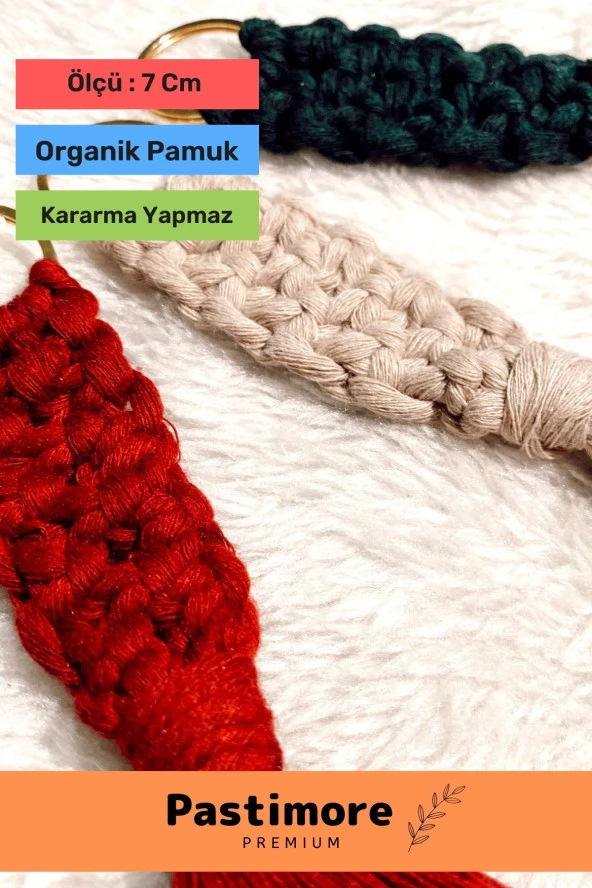 Premium 100 Doğal El Emeği Işçiliği Örmesi Makrome Krem Yeşil Kırmızı Anahtarlık 30lu Set ürün görseli 1
