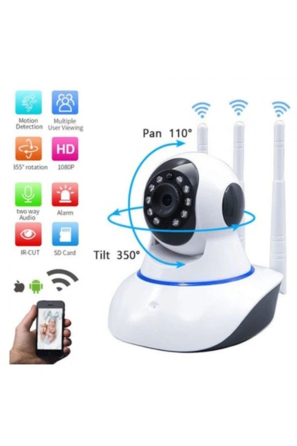 Kablosuz Wifi Ip Kamera 3 Antenli 1080P Full Hd 3 Mp Hareketli Gece Görüşlü Güvenlik Kamerası ürün görseli 1