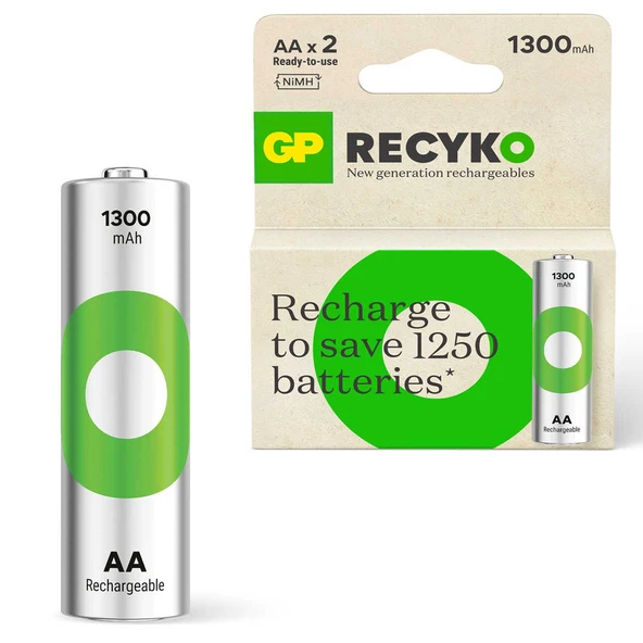 Şarjlı Pil Aa Kalem 1300Mah Ni-Mh (2 Adet) Gp Recyko Gp130Aah ürün görseli 1