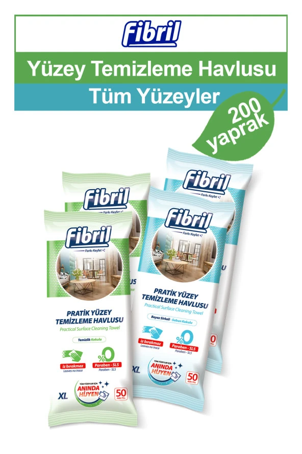 Fibril Yüzey Temizlik Havlusu Beyaz Sirkeli Sabun ve Temizlik Kokulu 4 X 50 (Toplam 200 Yaprak) ürün görseli 1
