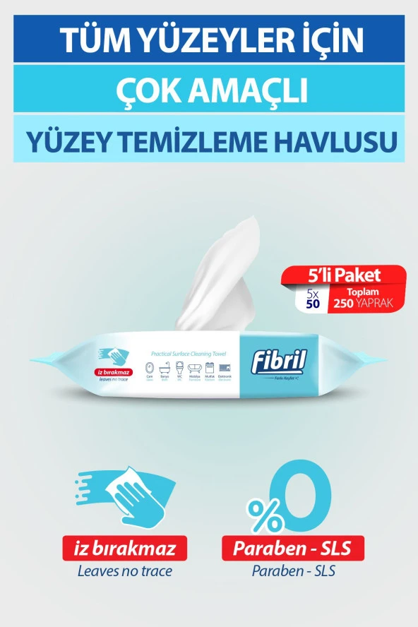 Fibril Pratik Yüzey Temizlik Havlusu Beyaz Sirkeli Sabun Kokulu 5 X 50 (TOPLAM 250 YAPRAK) ürün görseli 1