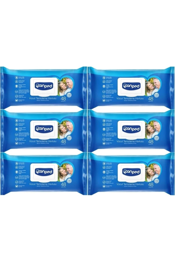Canped Hasta Vücut Perine Temizleme Islak Mendil Havlu 48 Yaprak Xl (6 Lı Set) Plastik Kapaklı ürün görseli 1