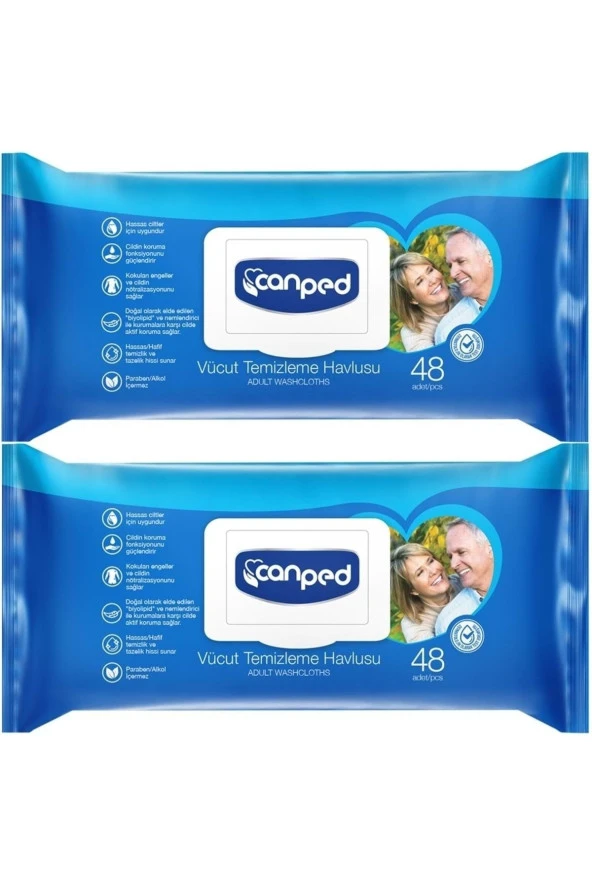 Canped Hasta Vücut Perine Temizleme Islak Mendil Havlu 48 Yaprak Xl (2 Li Set) Plastik Kapaklı ürün görseli 1
