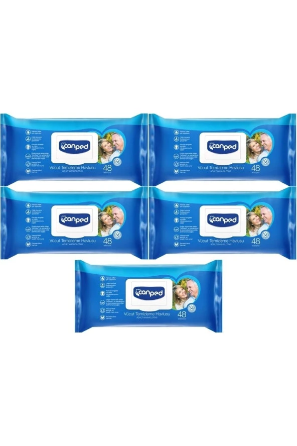 Canped Hasta Vücut Perine Temizleme Islak Mendil Havlu 48 Yaprak Xl (5 Li Set) Plastik Kapaklı ürün görseli 1