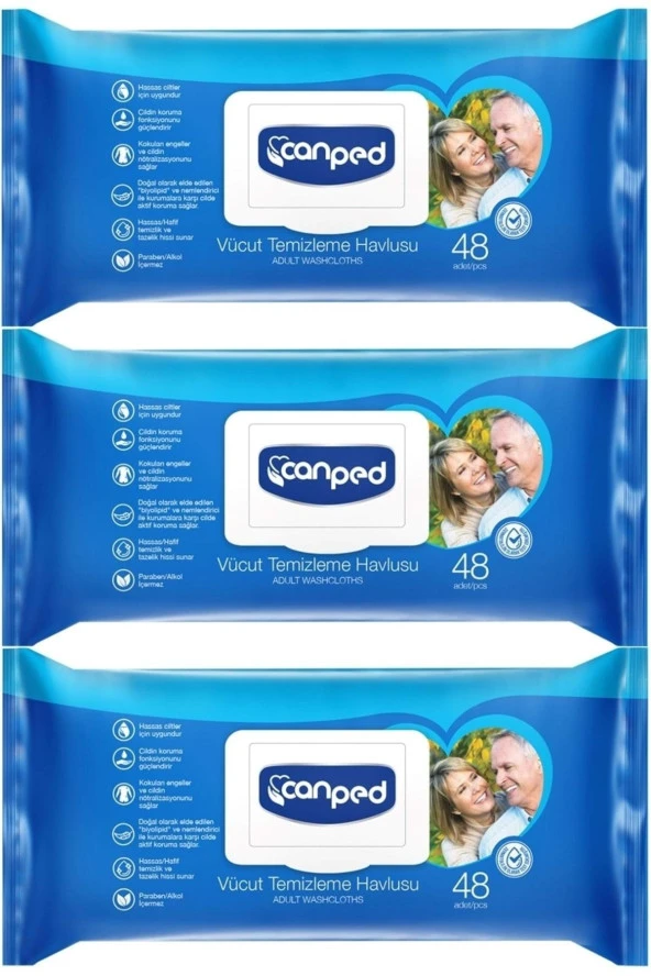 Canped Hasta Vücut Perine Temizleme Islak Mendil Havlu 48 Yaprak Xl (3 Lü Set) Plastik Kapaklı ürün görseli 1