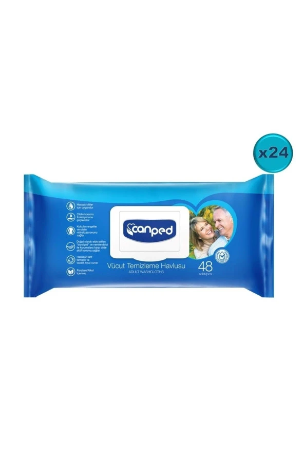 Canped Hasta Vücut Perine Temizleme Islak Mendil Havlu 48 Yaprak Xl (24 Lü Set) Plastik Kapaklı ürün görseli 1
