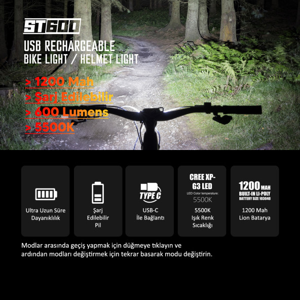 Strada St-600 Çift Yönlü Lityum Şarj Edilebilir Far - Resim 4