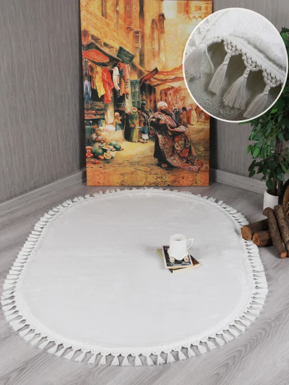 My Evilla Modern Dekoratif Kaymaz Taban Rabbit Oval Örgü Saçaklı ürün görseli 1
