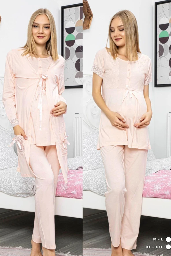 Pudra Renk Sabahlıklı Lohusa Pijama Takımı Polat Yıldız 50111 3lü Sabahlıklı Hamile Pijaması ürün görseli 1