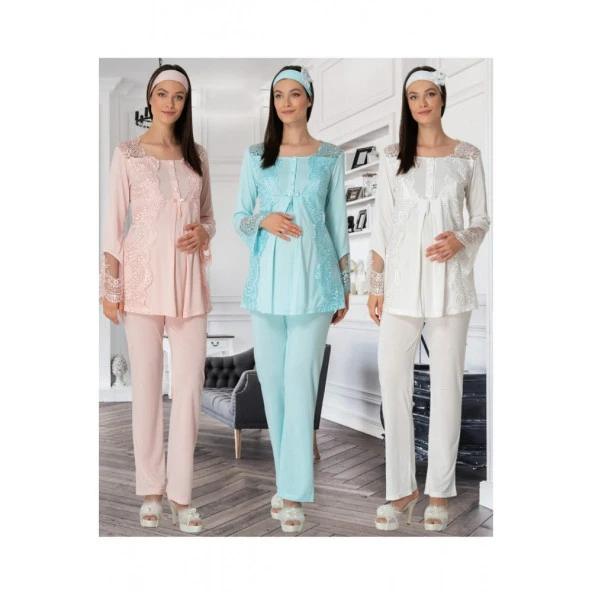 Bayan Mavi Renk 3lü Lohusa Pijama Takımı - Mecit 5015 Üçlü Lohusa Pijama Takımı ürün görseli 1