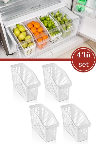 Flosoft 4 Adet Buzdolabı Sepeti, Mutfak Banyo Dolap İçi Düzenleyici Organizer 4’lü Set (13x30x16cm) ürün görseli 1