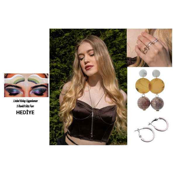 Gümüş Renk Takı Set4 (Parlak Taşlı Kolye 42cm,6'lı Yüzük Set,Yassı 20mm Halka Küpe,Desenli Top Küpe) ürün görseli 1