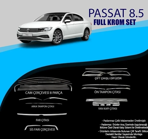 Volkswagen Passat Uyumlu B8.5 Krom Set (Cam Çerçeve.-Yan Kapı Çıt.-Difüzör Çıta-Ön Tampon Çıta.-Arka Tampon Çıt.-Far Çıtası.- Sis Farı Çıtası) Parça Passat B8.5 (2018+) ürün görseli 1