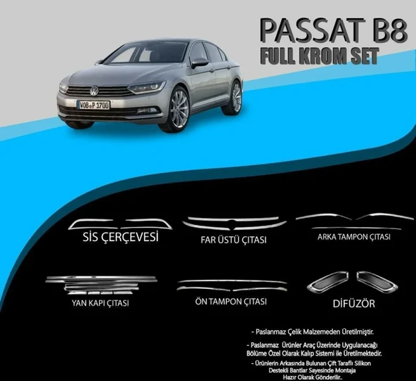Volkswagen Passat Uyumlu B8 Krom Set (Yan Kapı Çıt.-Ön Tampon Çıt.-Difüzör-Sis Çer.-Far Üst Çıt.-Arka Tampon Çıta.) Parça Passat B8 (2015-2018) ürün görseli 1
