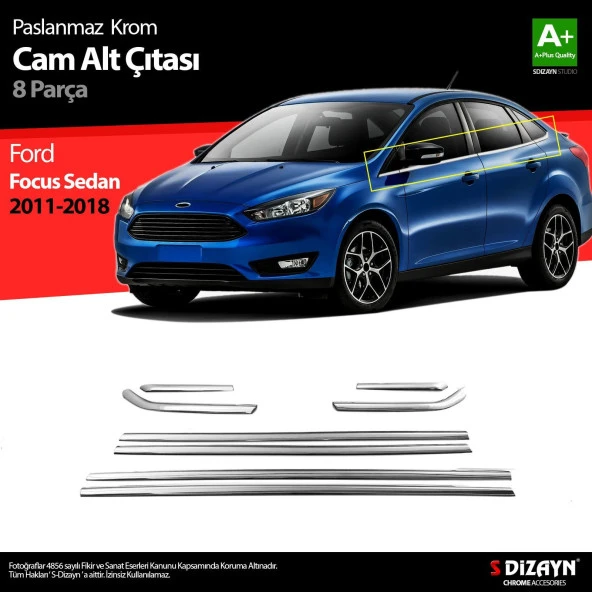 Ford Focus 3 için Sedan Krom Cam Çıtası 8 Parça 2011-2018 ürün görseli 1
