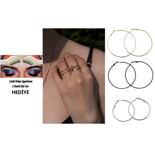 Altın Renk Takı Set6 (6'lı Yüzük Set,Sarı Küpe 70mm,Siyah Küpe 70mm,Gümüş Renk Küpe 40mm) ürün görseli 1