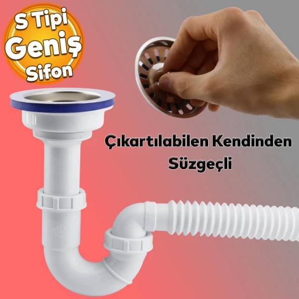 Süzgeçli Geniş Kafalı Körüklü İşyeri Yemekhane Evye Sifonu Gider Borusu Akordiyon Plastik 15-35 cm ürün görseli 1