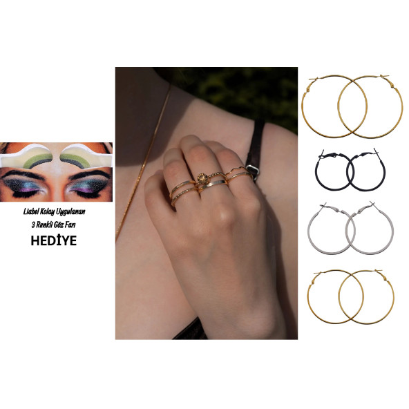 Altın Renk Takı Set5 (6'lı Yüzük Set,Sarı Küpe 60mm ve 50mm,Siyah Küpe 30mm,Gümüş Renk Küpe 40mm) ürün görseli 1