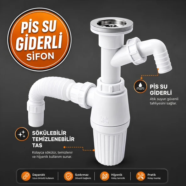 Pis Su Giderli Sökülebilir Tas'lı Çift Gider Sifon Körüklü Temizlenebilir Mutfak Banyo Lavabo Boru ürün görseli 1