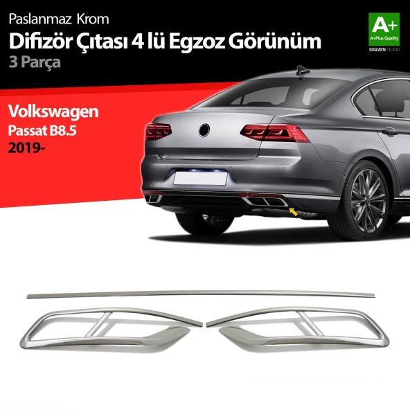 Volkswagen Passat B8.5 için Krom Egzoz Görünümü Difüzör 4Lü R Line 3 Parça 2019 Ve Üzeri ürün görseli 1