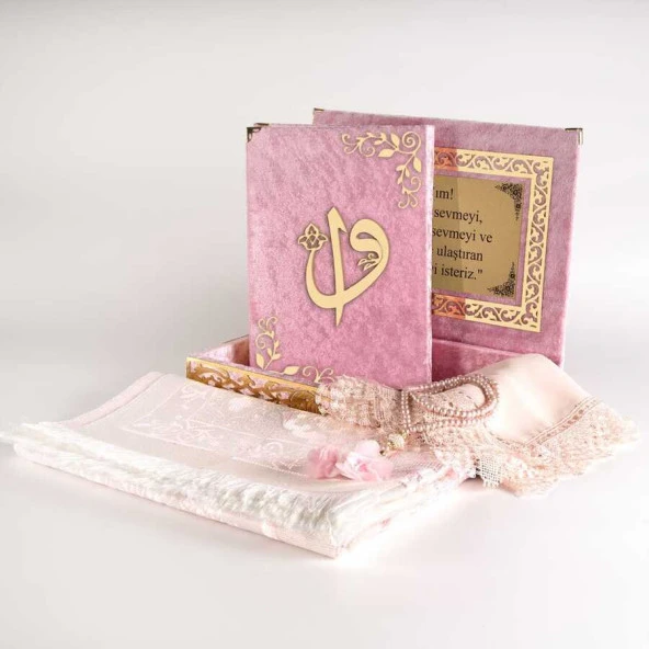 Raşel Kutulu, Şal + Seccade + Tesbih + Kuran Hediye Seti (Orta Boy, Bebe Pembe, Elif-Vav) ürün görseli 1