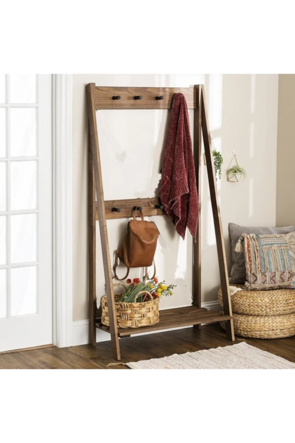 Kahverengi Doğal Ahşap Vestiyer Askılık Ayakkabılık 155x77x40 Cm ürün görseli 1