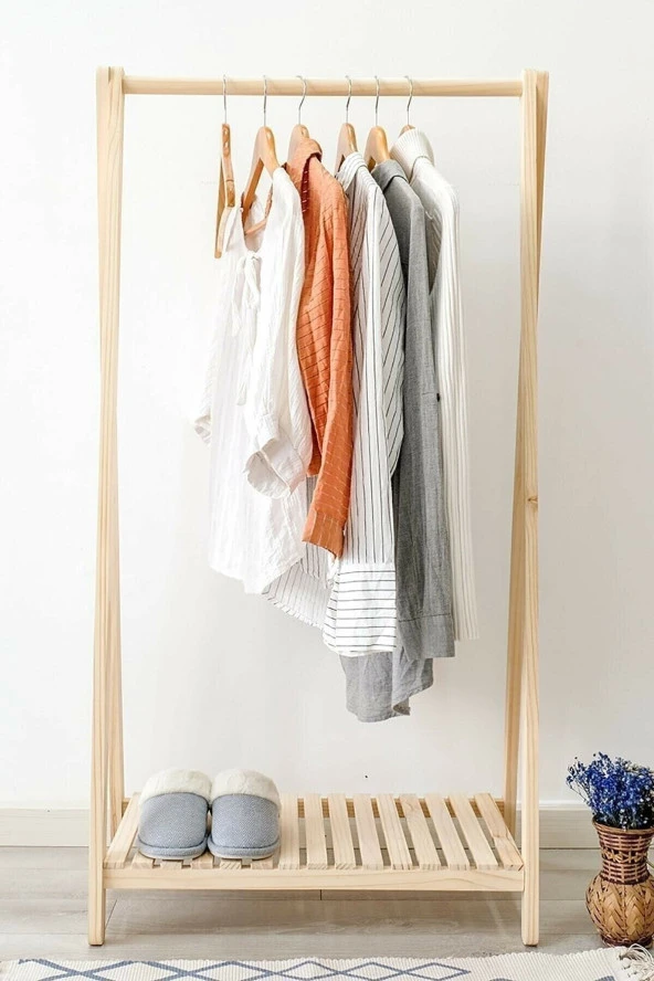 Pinoxi Konfeksiyon Askılık Doğal Ahşap Ayaklı Elbise Askılığı Gardırop Raf Askılık 125x66x38 Cm ürün görseli 1