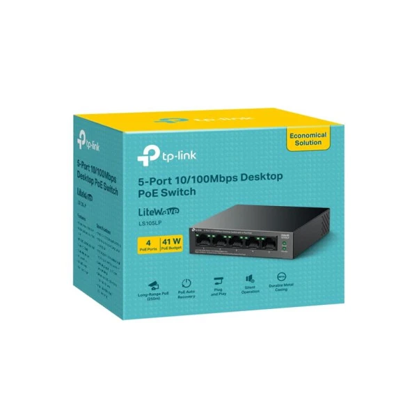 TP-LINK LS105LP 4 PORT 10/100 +1 PORT RJ45 UPLINK 41W 250 METRE POE MESAFE METAL KASA SWITCH ürün görseli 1