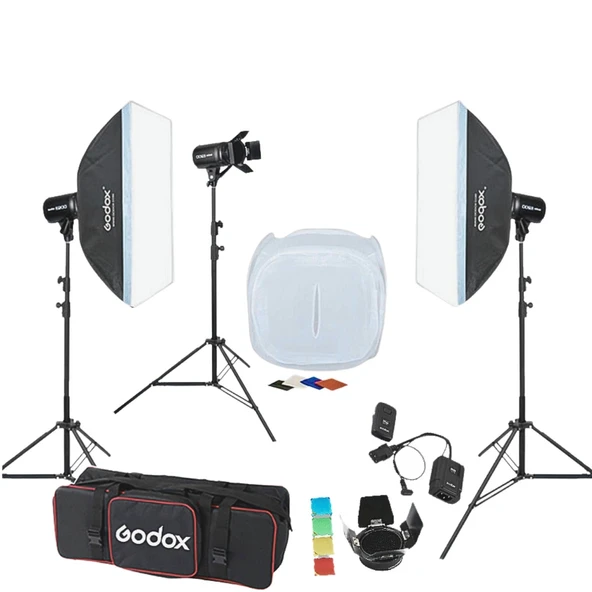 Godox E250 3'lü Paraflaş Set + Çekim Çadırı 80x80 cm ürün görseli 1