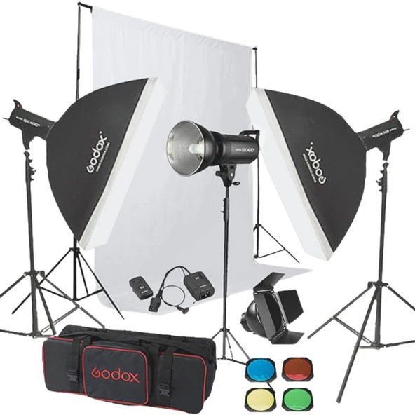 Godox SK400 3'lü Paraflaş Set + Seyyar Fon Perde 3x6 Metre ürün görseli 1